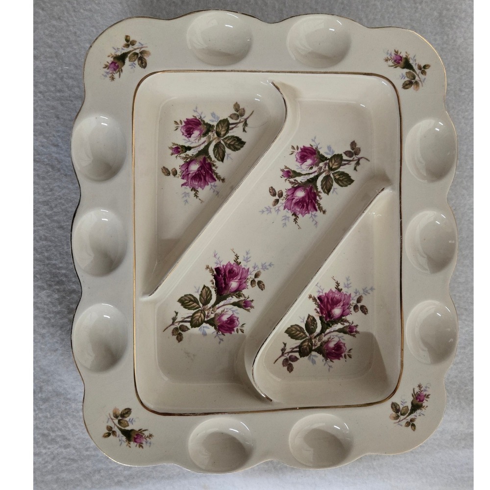 Vintage Deviled Egg Platter 12 Egg Rose Floral Divided Relish Serving Tray
